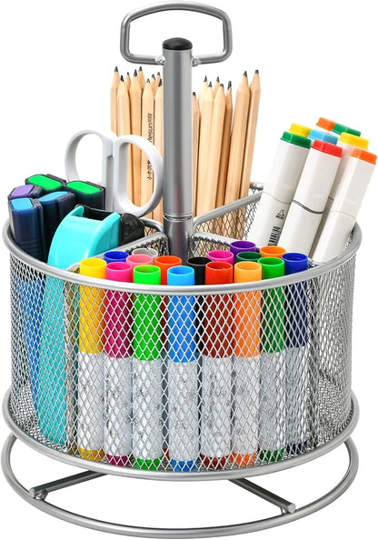 Marbrasse Mesh Desk Organizer, 360-Degree Rotating Multi-Functional Pen Holder, 4 Compartments Desktop Stationary Organizer, Home Office Art Supply Storage Box Caddy (silver)