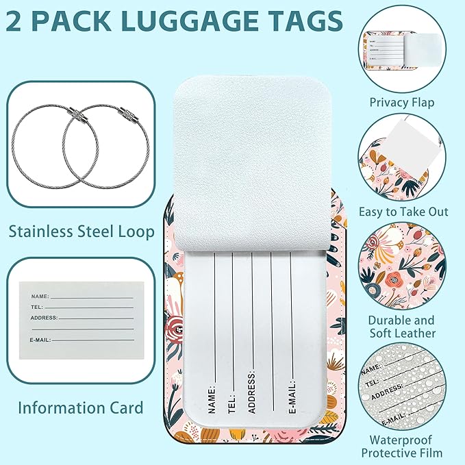 Orange Flowers Luggage Tag for Suitcase Set of 2 PU Leather Cute Luggage Tags with Stainless Metal Loop ID Label Privacy Flap Suitcase Tags for Women and Men Travel