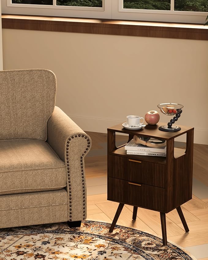 Nightstand,Modern Bedside Table with 2 Storage Drawer and Open Wood Shelf, for Bedroom and Small Spaces,Night Stand with Solid Wood Legs,Walnut Brown