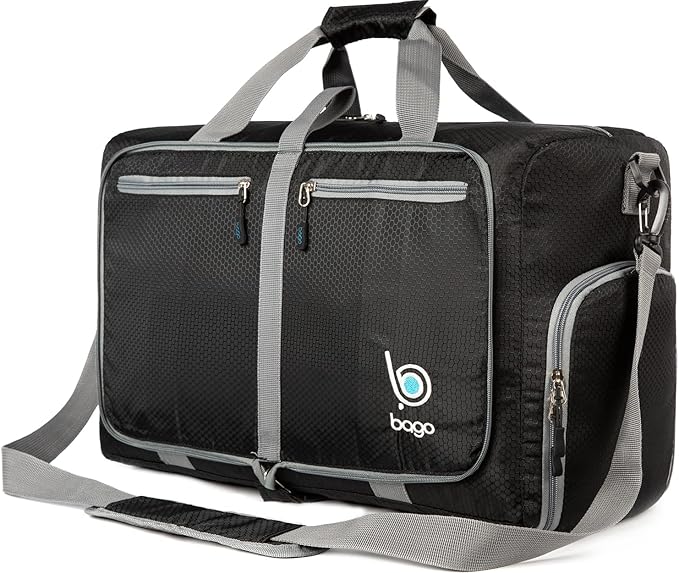 Bago Foldable Duffel Bags for Traveling Women & Men - 40L Sports Packable Duffle Bag for Travel with Shoe Compartment - Water Repellant, Heavy Duty, Lightweight Folding & Collapsible (Black)