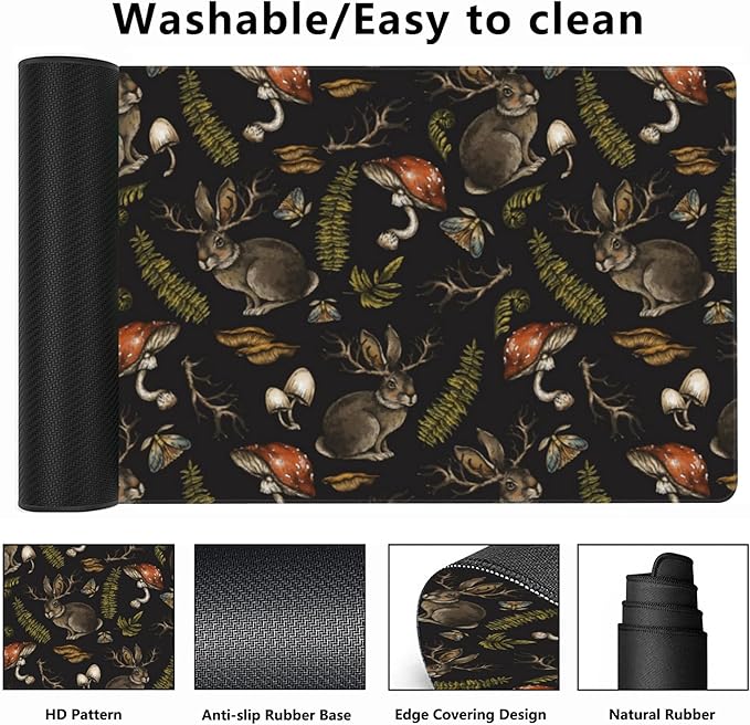 Desk Mat,Mystical Hare with Mushroom Gaming Mouse Pad,XXL Extended Mouse Pad Mat for Office,Computer,Keyboard with Non-Slip Base Stitched Eges Mousepad 35.4x15.75 inch