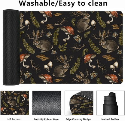 Desk Mat,Mystical Hare with Mushroom Gaming Mouse Pad,XXL Extended Mouse Pad Mat for Office,Computer,Keyboard with Non-Slip Base Stitched Eges Mousepad 35.4x15.75 inch