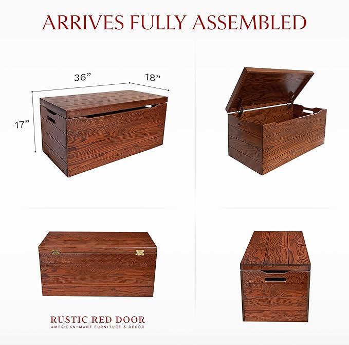 Amish Made Wooden Storage Chest Trunk Box with Lid and Handles for Bedroolanket, Clothes, Anti-Slam Hinges, Handmade, Rustic, Oak Wood, Michaels Stain, 36"