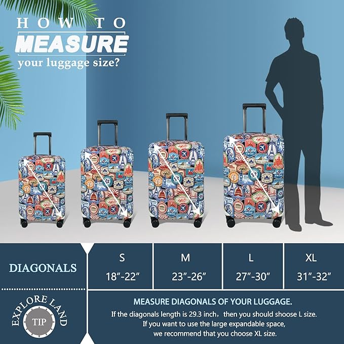 Explore Land Travel Luggage Cover Suitcase Protector Fits 31-32 Inch Case (Landmark Sticker, XL)