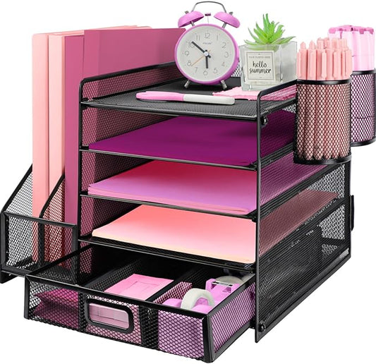Desk Organizers and Accessories with File Holder, 5-Tier Paper Letter Tray Organiser with Drawer and 2 Pen Holder, Mesh Desktop Document Organizer for Office Supplies, Workspace - Black