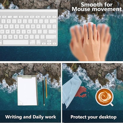 Desk Mat,Sea Waves and Fantastic Coast Gaming Mouse Pad,XXL Extended Mouse Pad Mat for Office,Computer,Keyboard with Non-Slip Base Stitched Eges Mousepad 35.4x15.75 inch