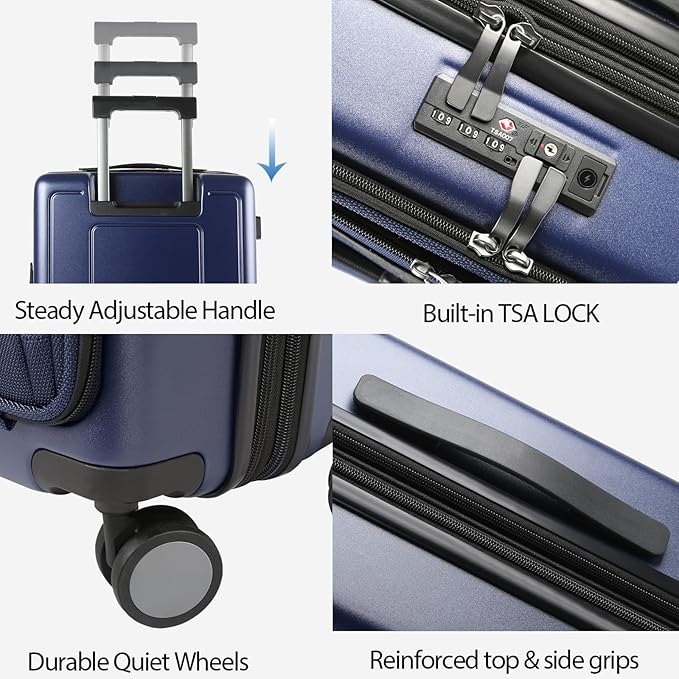 KROSER Hardside Expandable Carry On Luggage 22x14x9 Airline Approved With Front Business Pockets, 20 Inch Suitcases with Wheels, Carry on Suitcase with TSA Lock & USB Port, Navy