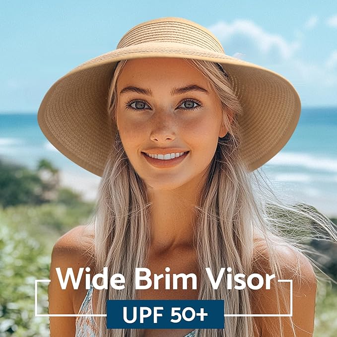 NPJY Sun Hats for Women Wide Brim Roll-Up Beach Ponytail Hat Packable Foldable Travel Straw Visor