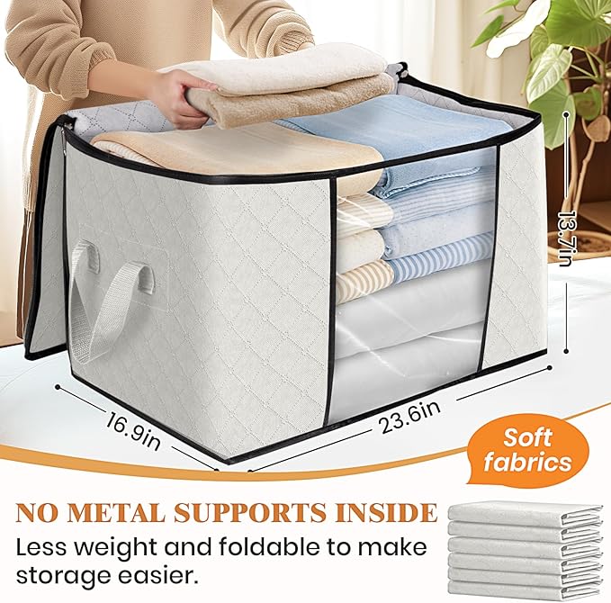 Fab totes 24 Gallons Clothes Storage, Foldable Thick Fabric Blanket Storage Bags, Containers for Organizing Bedroom, Closet, Clothing, Comforter, Organization with Handle (3 Pack,Ivory)