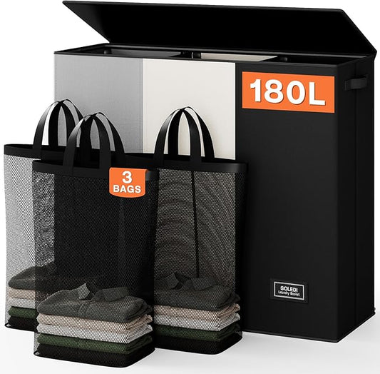 SOLEDI Laundry Hamper 3 section with lid and 3 Pcs Bag, Large Hamper 3 compartment 180L, Laundry Basket Laundry sorter Clothes hamper for Laundryroom Bedroom Blanket Storage Organizer