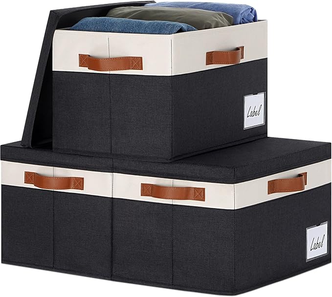 GhvyenntteS Large Storage Bins with Lids (3 Pack), Storage Baskets with Lid and Label Window, Foldable Fabric Storage Boxes with 3 Handles for Home Office College Dorms (Black, 15" x 11" x 9.7")