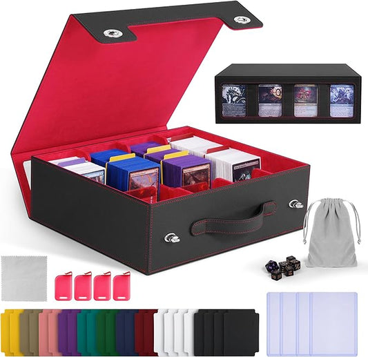 Marsguard Trading Card Storage Box with Portable Handle, 3000+ MTG Storage Box with 4 Card Stoppers Commander Display Deck Box Card Case Top Loaders MTG TCG Sports Cards Commander Deck Box(Black&Red)