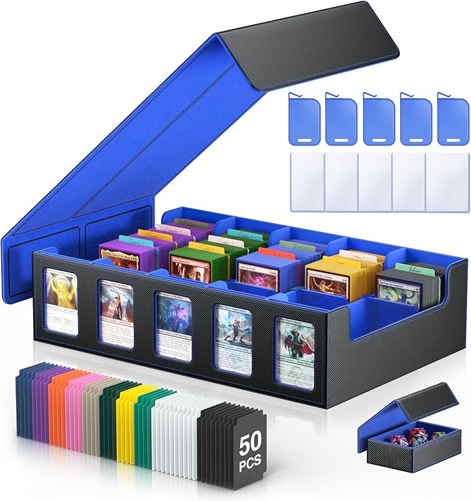 Trading Card Storage Box 5-Row 3900+ Capacity,TCG MTG Card Case with Magnetic Lid & Commander Display,Top Loader Storage for Sports Cards,Includes Dividers Dice Box（Black＆Blue）