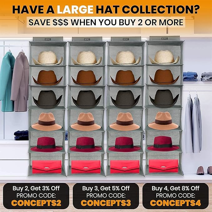 Boxy Concepts 6-Shelf Cowboy Hat Organizer Rack - 13in Wide X-Large Grey - Hat Rack for Wall Mount Hook & Loop - Soft Fabric Preserve Shape - Baseball Cap Organizer