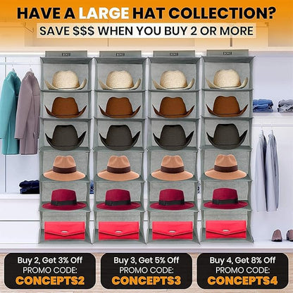 Boxy Concepts 6-Shelf Cowboy Hat Organizer Rack - 13in Wide X-Large Grey - Hat Rack for Wall Mount Hook & Loop - Soft Fabric Preserve Shape - Baseball Cap Organizer