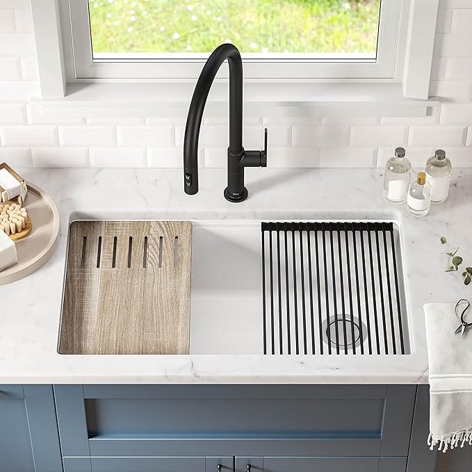 KRAUS Kitchen Sink Bellucci 32” Undermount Workstation Granite, Metallic White, Accessories, KGUW1-33WH