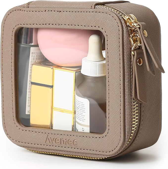 Aveniee Mini Clear Makeup Bag, Small Cosmetic Bags Travel Toiletry Pouch Organizer, TSA Approved Make up Case with Zipper, Car Bag for Essentials,Taupe