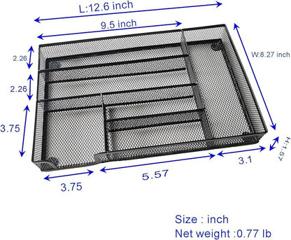 Desk Drawer Organizer Metal Mesh Drawer Organizer Tray for Office School or Home Supplies Desktop Storage Stationery，6 Compartments, 12.6 x 8.27 x 1.57 inch，Black (1pc pack)