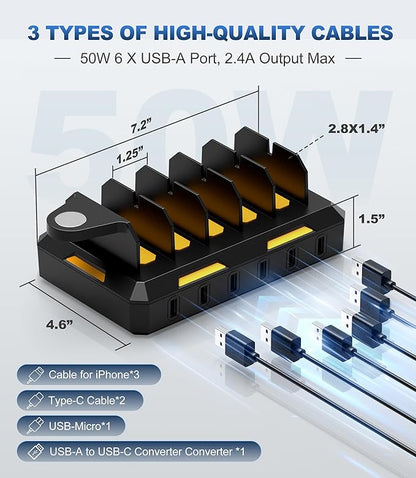 Charging Station for Multiple Devices, Honcila 6 in 1 Multi Charger Station Charging Dock for Cellphone Tablet iPhone iPad and More - 50W Charging Station Organizer with 6 Mixed Charging Cables
