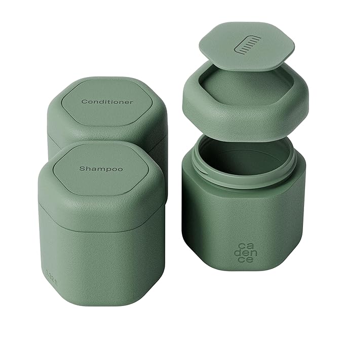 Cadence Travel Containers Haircare Capsule Set - Magnetic Containers with Lids,Carry On Travel Essentials For Women/Men - 3 Flex Mediums (1.32oz) - Shampoo, Conditioner & Comb Icon Labels - Eucalyptus