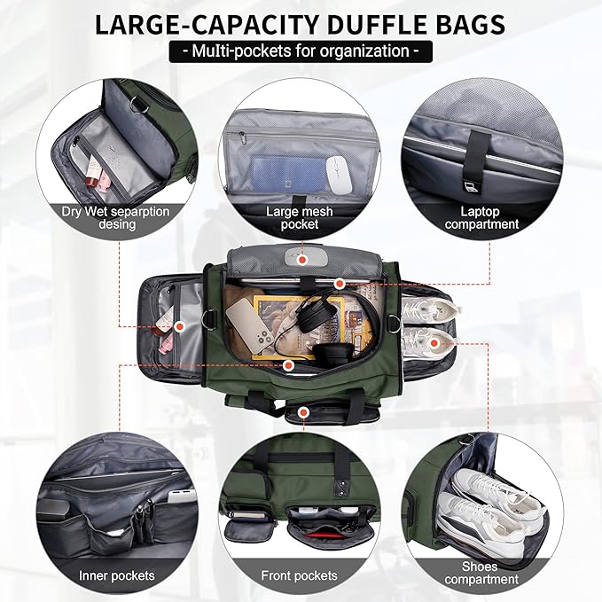 WITZMAN Travel Duffel Bags for Men Large Carry On Weekender Overnight Bag 3 in 1 Backpack with Shoe Compartment (B693 Army Green）