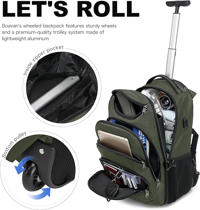 Boavan Rolling Backpack,17 inch Water Resistant Wheeled Backpack,Carry on Luggage Business Bag, Overnight College Computer bag Trolley Suitcase for Men Women Adults to Travel，Green