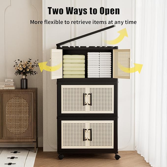 Stackable Storage Bins with Lids,Collapsible Plastic Storage Box Closet Organizers and Storage with Wheels and Magnetic Door for Home Office Dorm (3 Pack)