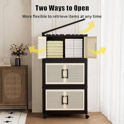 Stackable Storage Bins with Lids,Collapsible Plastic Storage Box Closet Organizers and Storage with Wheels and Magnetic Door for Home Office Dorm (3 Pack)