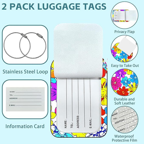 2 Pack Cute Luggage Tag for Suitcases Beautiful Bright Flowers Leather Luggage Tags with Stainless Steel Loop Privacy Flap Name Tags,Men and Women Travel Bag Suitcase Tags