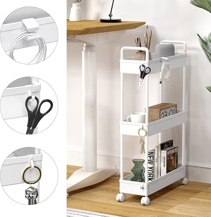 SOLEJAZZ Slim Rolling Storage Cart with Wheels 3 Tier Skinny Bathroom Storage Organizer Thin Laundry Room Utility Cart Space-Saving for Bedside Kitchen Office Small Narrow Places, White