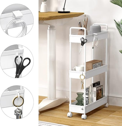 SOLEJAZZ Slim Rolling Storage Cart with Wheels 3 Tier Skinny Bathroom Storage Organizer Thin Laundry Room Utility Cart Space-Saving for Bedside Kitchen Office Small Narrow Places, White