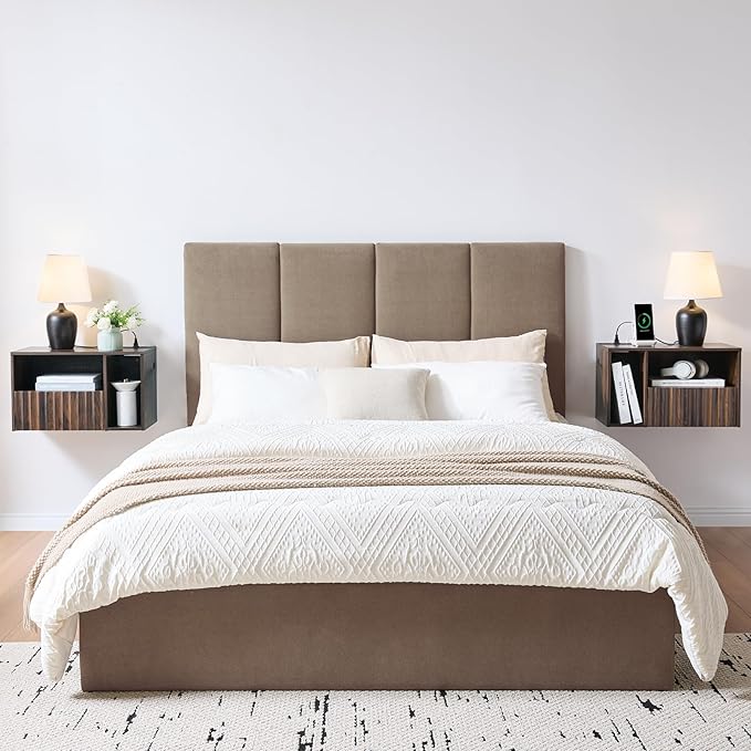 Modern Walnut Fluted Floating Nightstand with Charging Station, NightStand with Drawers, Bedside with USB Ports and Outlets, Bedroom Furniture (Right)