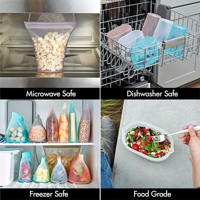 Zip Top Reusable Food Storage Bags | 2 Bag Set [Frost] | Silicone Meal Prep Container | Microwave, Dishwasher and Freezer Safe | Made in the USA