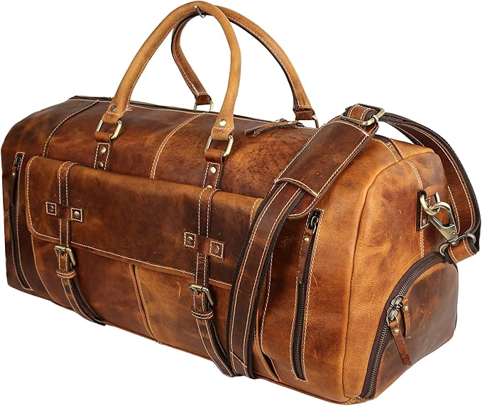 KomalC Leather Duffel Bags for Men and Women Full Grain Leather Travel Overnight Weekend Leather Bags Sports Gym Duffel for Men (Tan, 24 Inch)