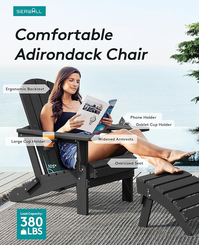 SERWALL HDPE Folding Adirondack Chair with Dual Cup Holder - Composite Adirondack Chair Set of 2- Black
