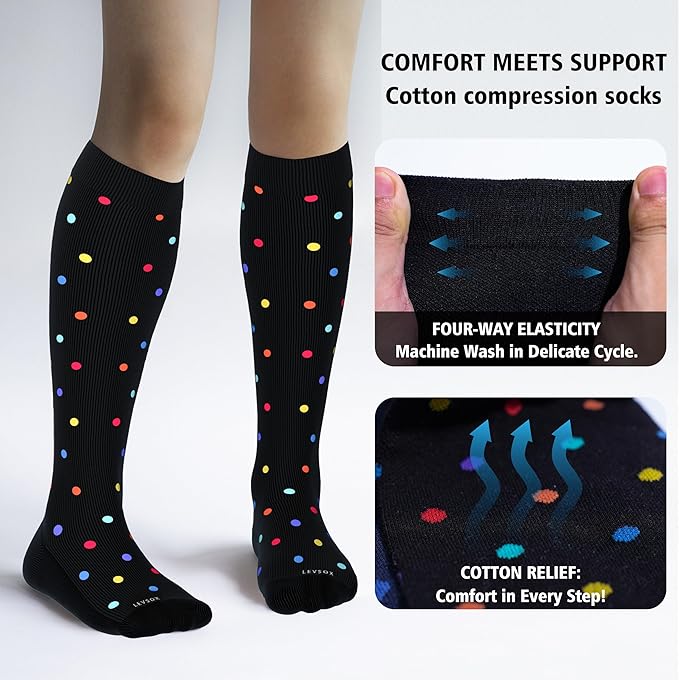 LEVSOX Thick Cotton Compression Socks for Women&Men 20-30mmHg Knee High Cute Support Sock for Nurses, Pregnancy, Travel