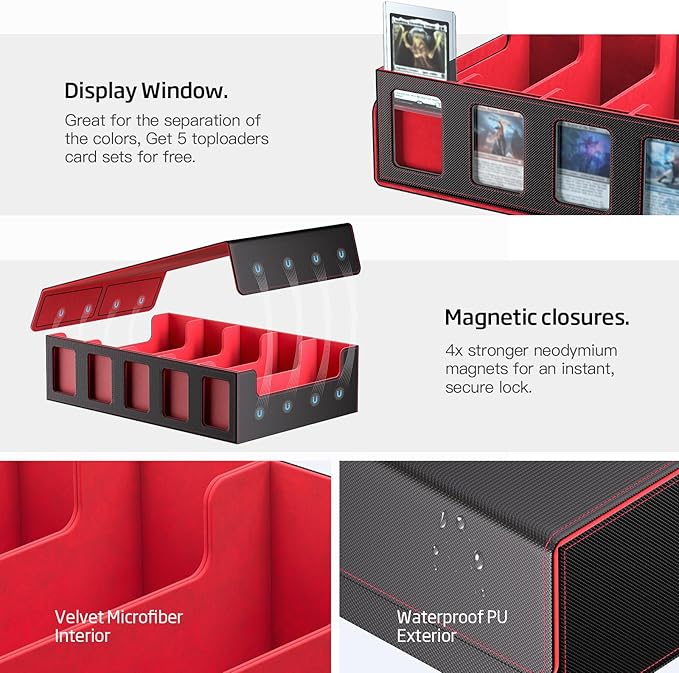 Trading Card Storage Box 5-Row 3900+ Capacity,TCG MTG Card Case with Magnetic Lid & Commander Display,Top Loader Storage for Sports Cards,Includes Dividers Dice Box（Black＆Red）