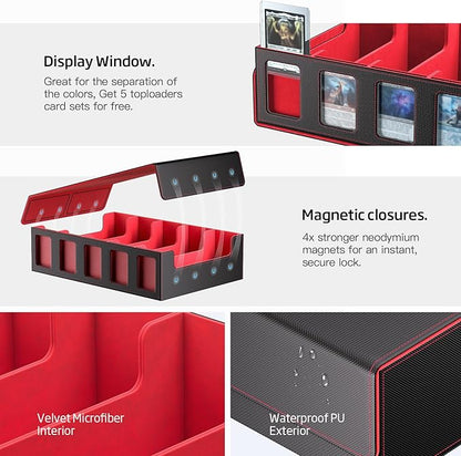 Trading Card Storage Box 5-Row 3900+ Capacity,TCG MTG Card Case with Magnetic Lid & Commander Display,Top Loader Storage for Sports Cards,Includes Dividers Dice Box（Black＆Red）