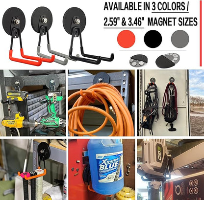 ULIBERMAGNET Strong Magnetic Hooks,Large Magnet with Hooks for Heavy Duty Tools,Jig Saw,Hose, 4 Pack Heavy Duty Magnetic Hooks for Hammer Drill,Circular Saw,Garden Tool(3.46inch/Orange)