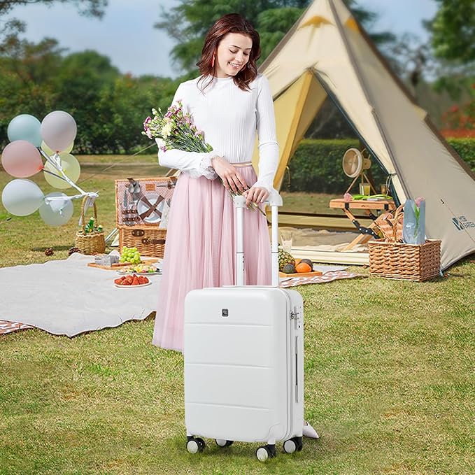 Hanke 24 Inch Checked Luggage with Spinner Wheels Hard Shell Suitcases Lightweight Travel TSA Luggage for Women Men Medium Suitcase(Smoke White)