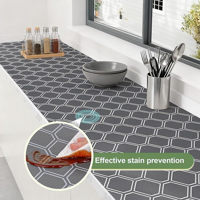 Non Adhesive Shelf Liner, Waterproof Drawer Liners for Kitchen Cabinet Refrigerator, No Slip Bathroom Sink Liners, Cupboard Fridge Liner EVA Place Mat Roll -17.5" x 197" Grey