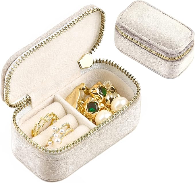 TAIMY Mini Jewelry Travel Case, Velvet Small Travel Jewelry Box, Portable Jewelry Travel Organizer Box for Rings Earrings Necklaces, Gifts for Women Girls(Beige)