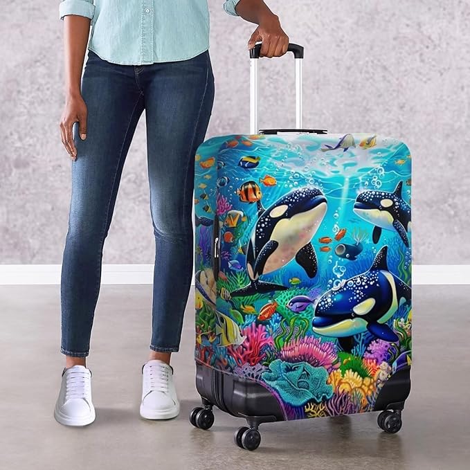 Killer Whale Luggage Cover Elastic Universal Luggage Covers for Suitcase Fit 22-25 Inch Zip Closure Suitcase Cover Protector for Travel Business Anti-Scratch Baggage Covers Case