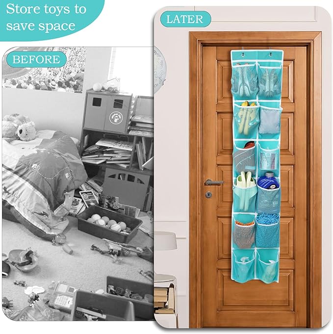 Over the Door Hanging Shoe Organizer, 12 Pockets, Turquoise