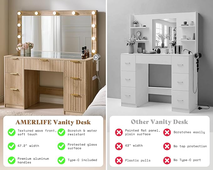 AMERLIFE 47.2" Fluted Vanity Desk with Large Mirror and Adjustable LED Lights, 7 Drawers Makeup Table with Glass Top and Charging Station for Women and Girls, Bedroom or Dorm, Oak