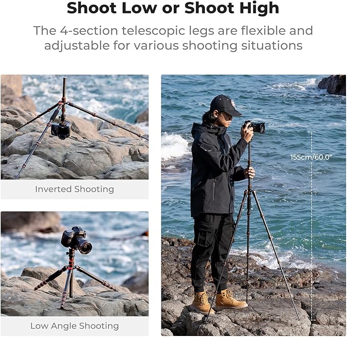 K&F Concept 60 inch Carbon Fiber Camera Tripod,Super Lightweight Compact Travel Tripod with 360 Degree Ball Head,Quick Release Plate, Detachable Monopod, 17 lb Load Capacity for SLR DSLR, A225C0+BH25L