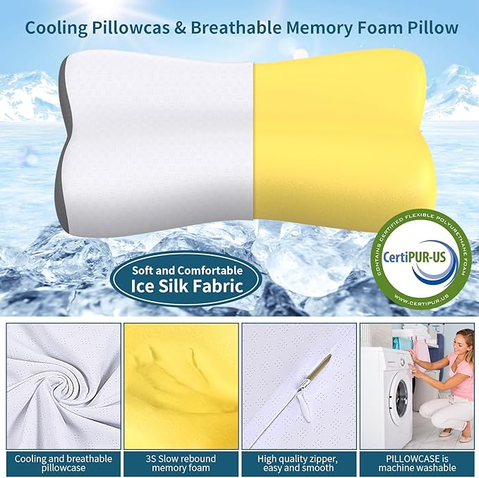 Cervical Neck Pillow for Pain Relief, Contour Memory Foam Pillows for Sleeping, Ergonomic Pillow Orthopedic Cooling Pillow Bed Pillow Neck Support for Side Back Stomach Sleepers(White & Grey)