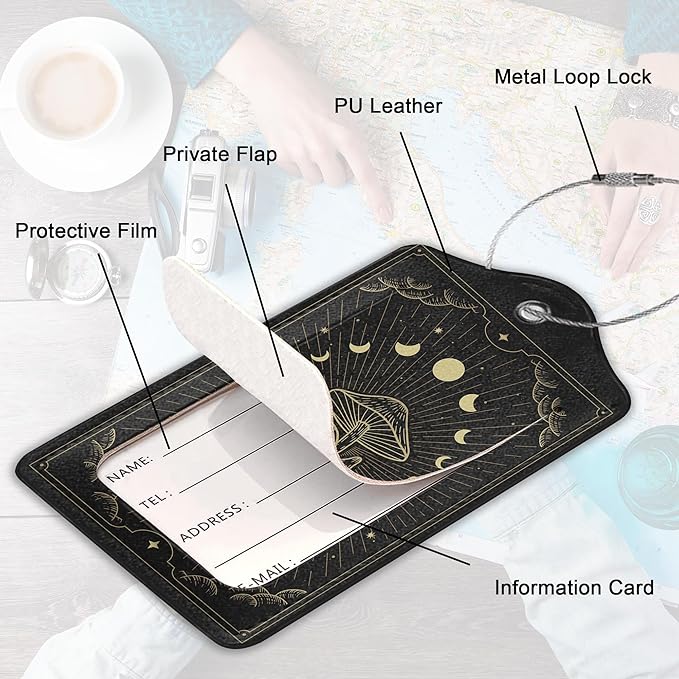 Zodiac Moon Phase Luggage Tag for Suitcase, Mushroom Luggage Tag with Privacy Flap & Name ID Label & Metal Loop, Travel Suitcase Tags for Women