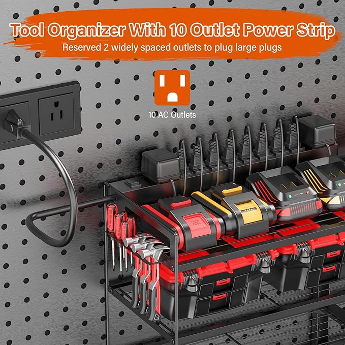 JUNNUJ Large Power Tool Organizer with 10 Outlet Power Strip, 4 Layer Wall Mount Drill Holder with Charging Station, 8 Drills Storage Shelf Shop Garage Utility Rack, Black