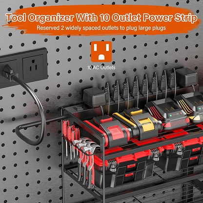 JUNNUJ Large Power Tool Organizer with 10 Outlet Power Strip, 4 Layer Wall Mount Drill Holder with Charging Station, 8 Drills Storage Shelf Shop Garage Utility Rack, Black
